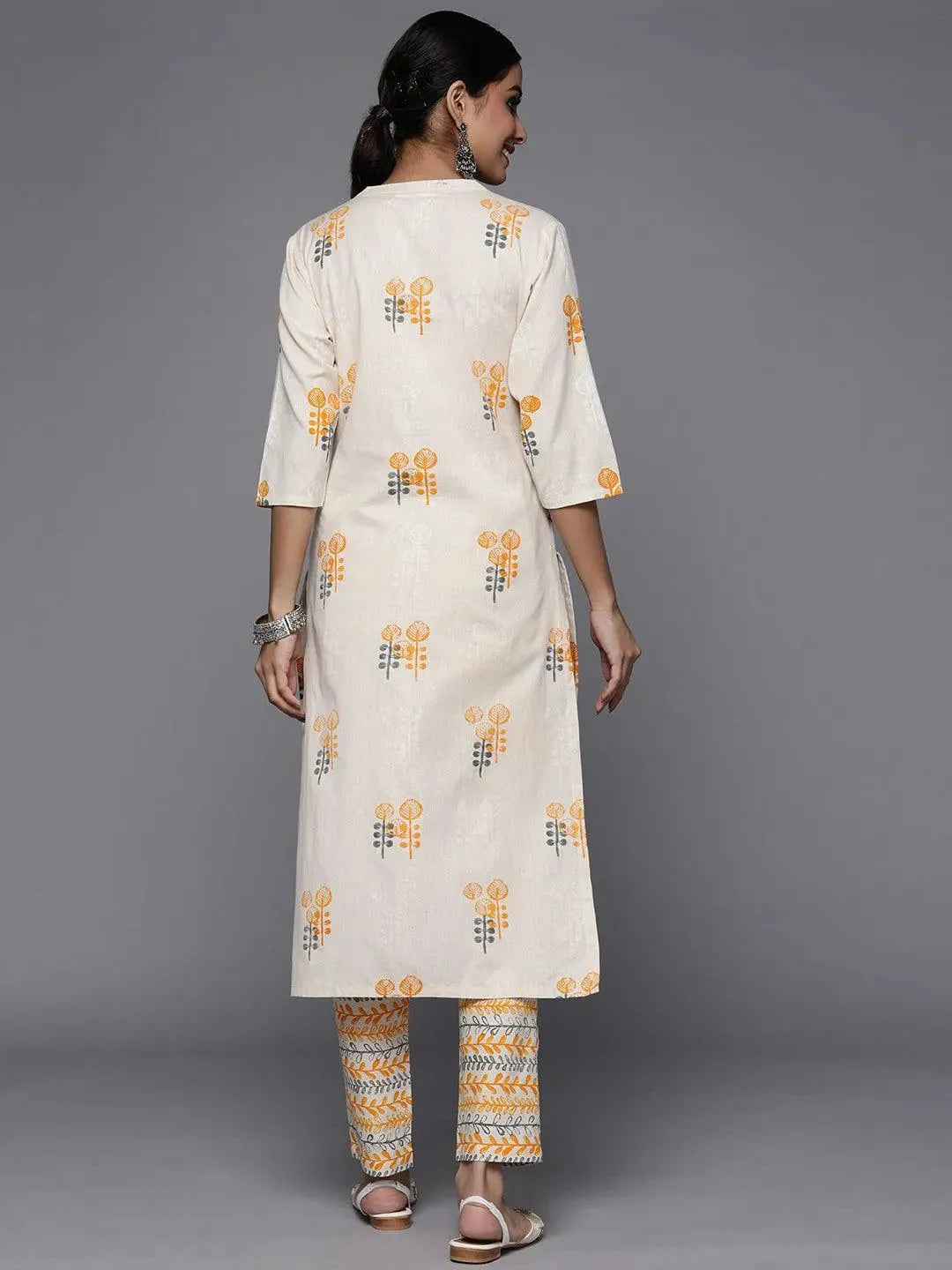 Off White Printed Cotton Straight Kurta Set - Libas 