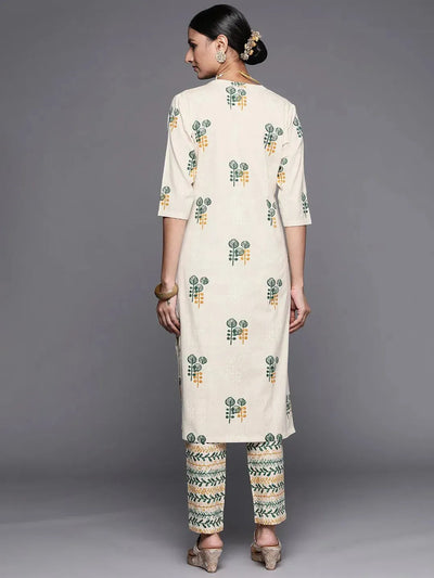 Off White Printed Cotton Straight Kurta Set - Libas