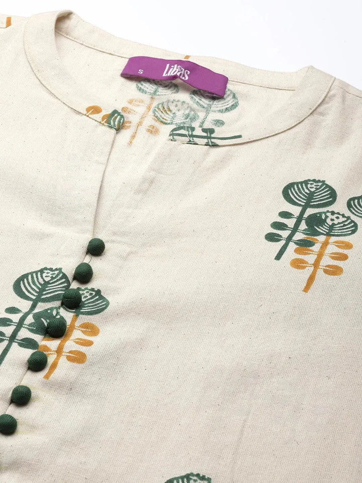 Off White Printed Cotton Straight Kurta Set - Libas