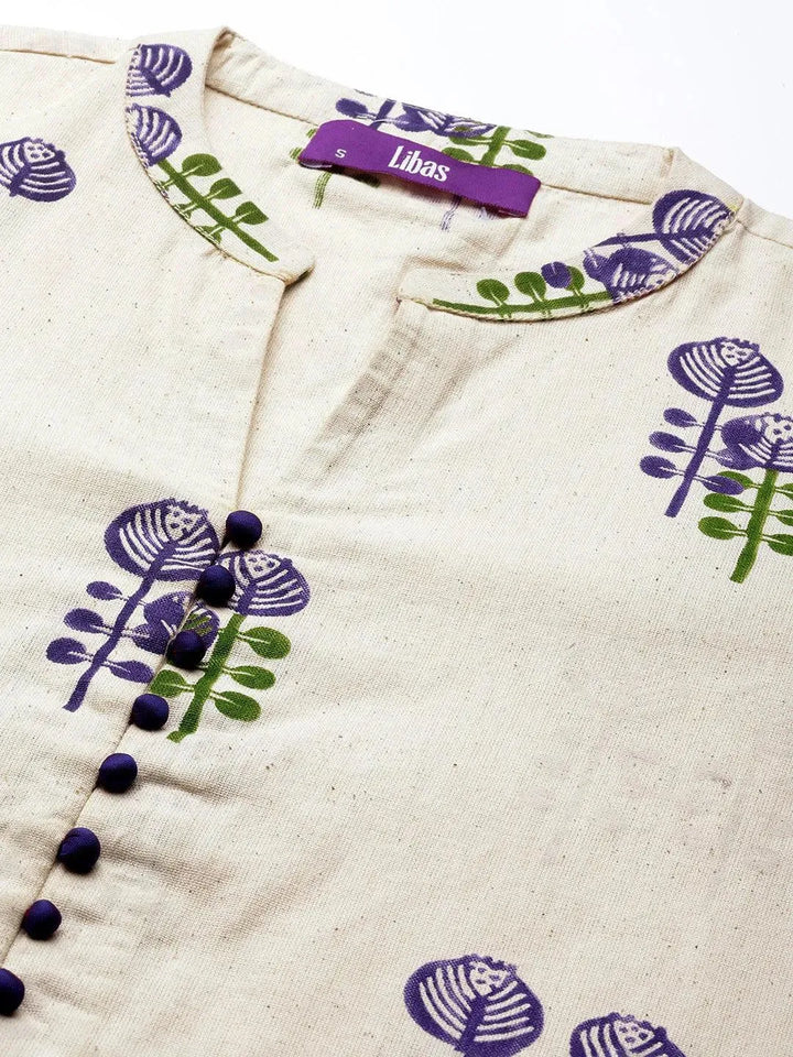 Off White Printed Cotton Straight Kurta Set - Libas
