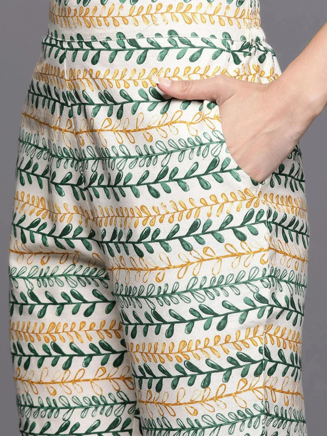 Off White Printed Cotton Straight Kurta Set - Libas 