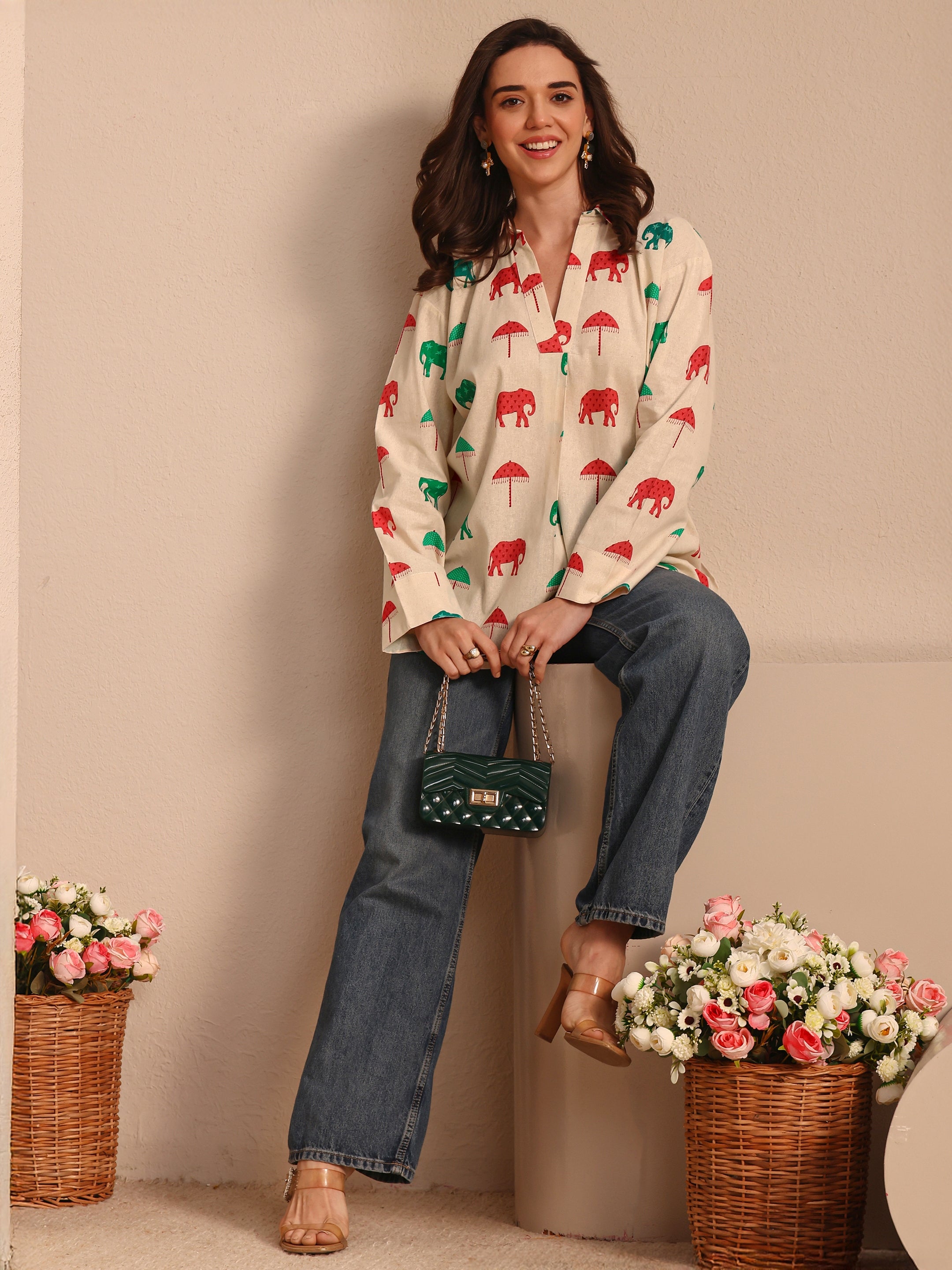 Off White Printed Cotton Straight Short Kurti-image-24