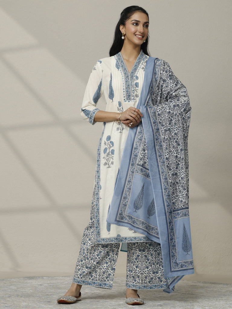 Libas Off White Printed Cotton Straight Suit Set With Dupatta