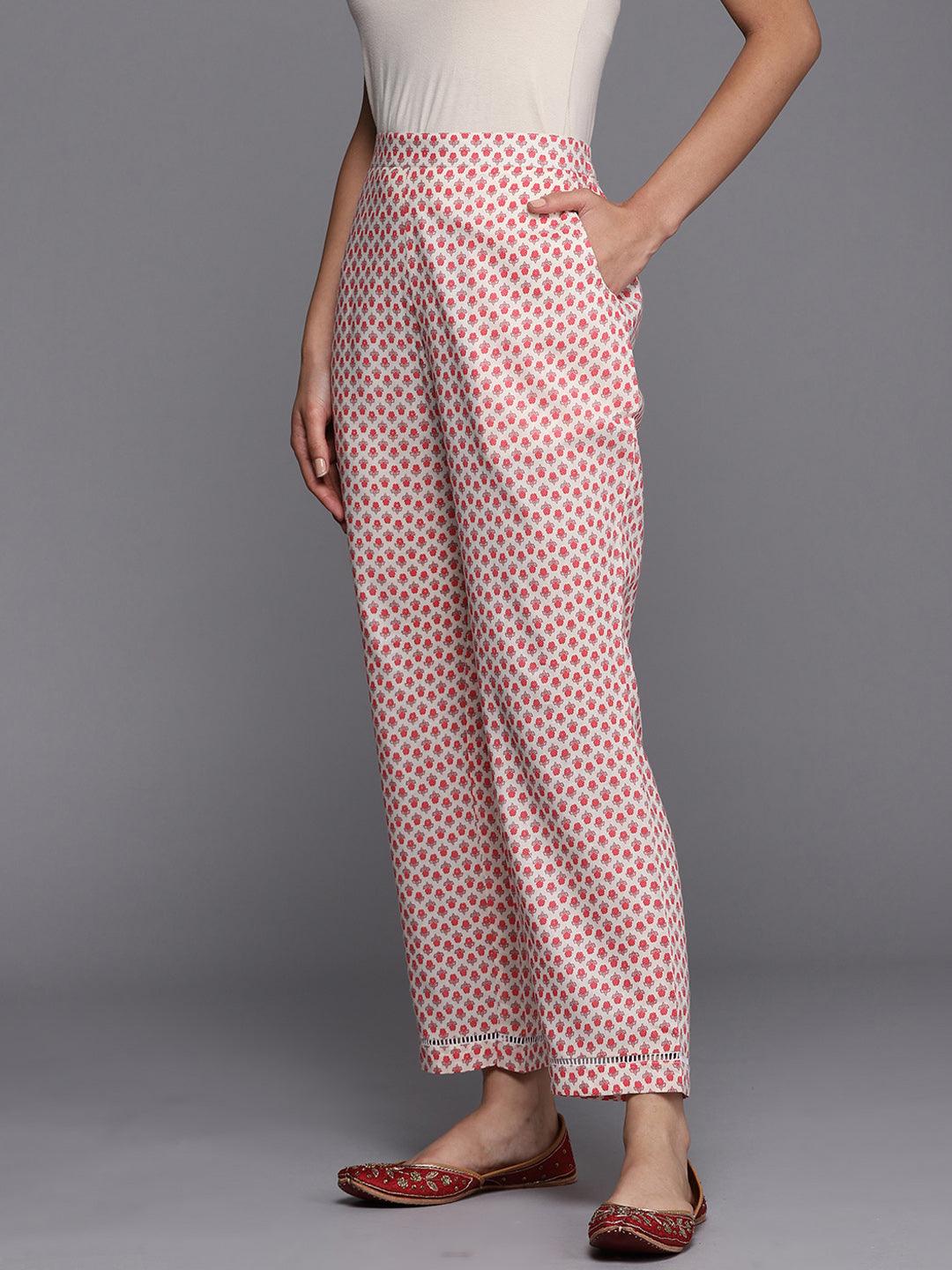 Off White Printed Cotton Trousers - Libas