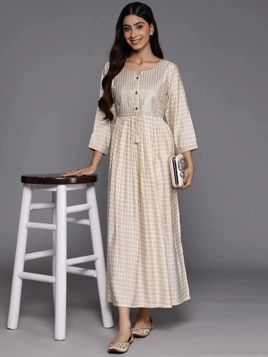 Off White Printed Fit and Flare Silk Dress - Libas 