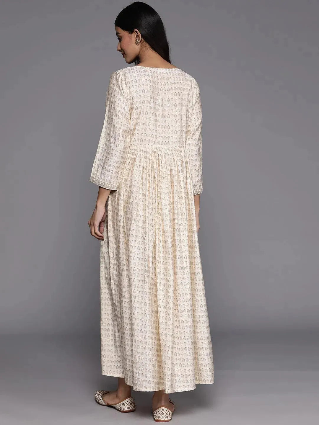 Off White Printed Fit and Flare Silk Dress - Libas 