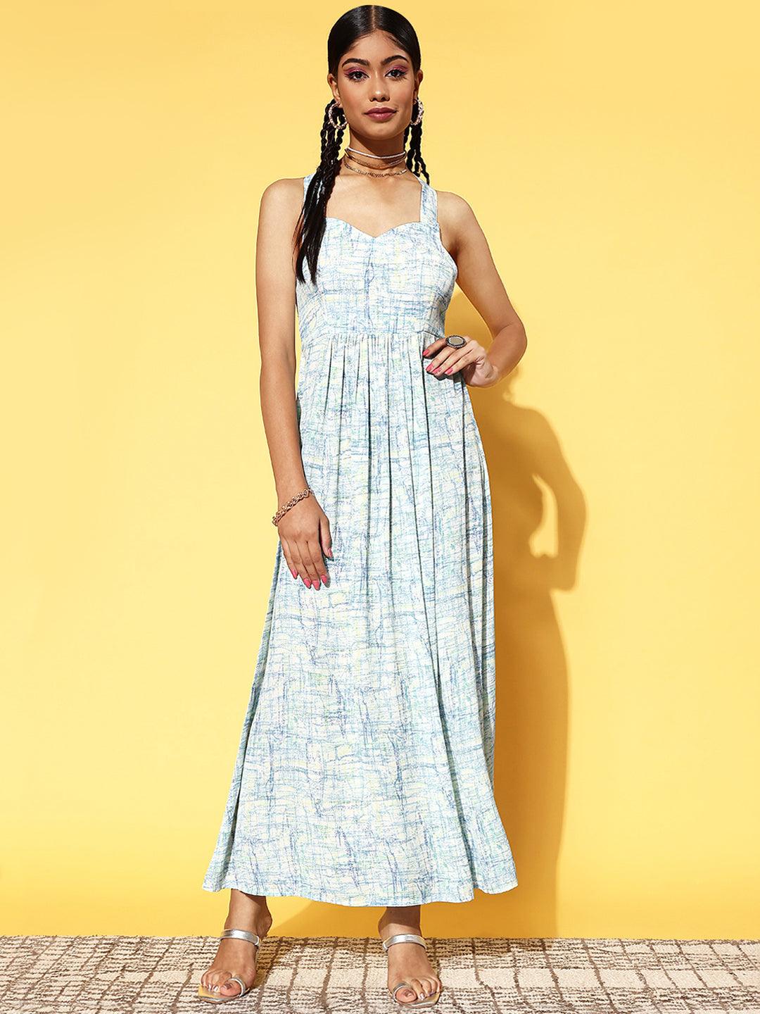 Off White Printed Georgette Fit and Flare Dress