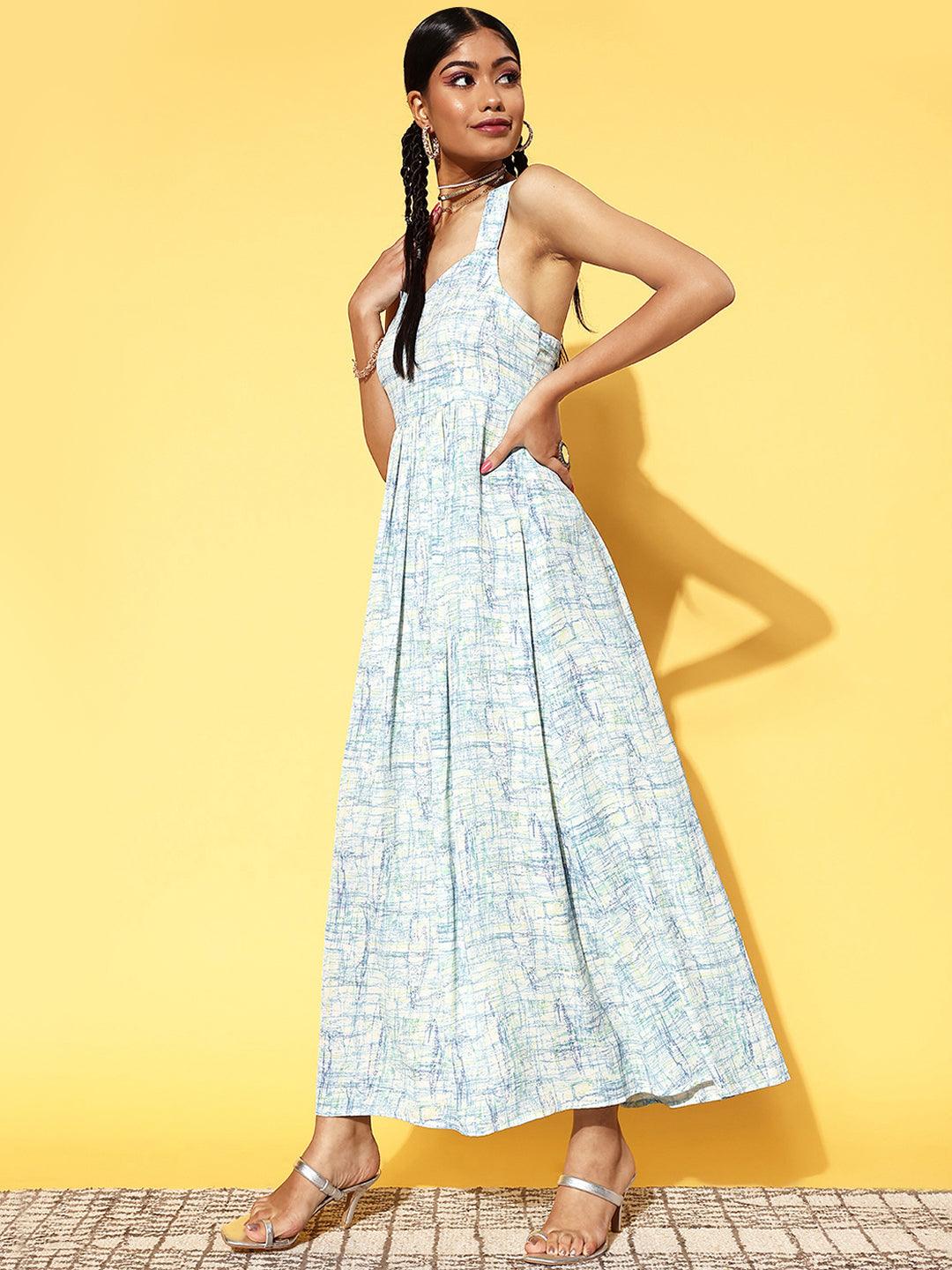 Off White Printed Georgette Fit and Flare Dress