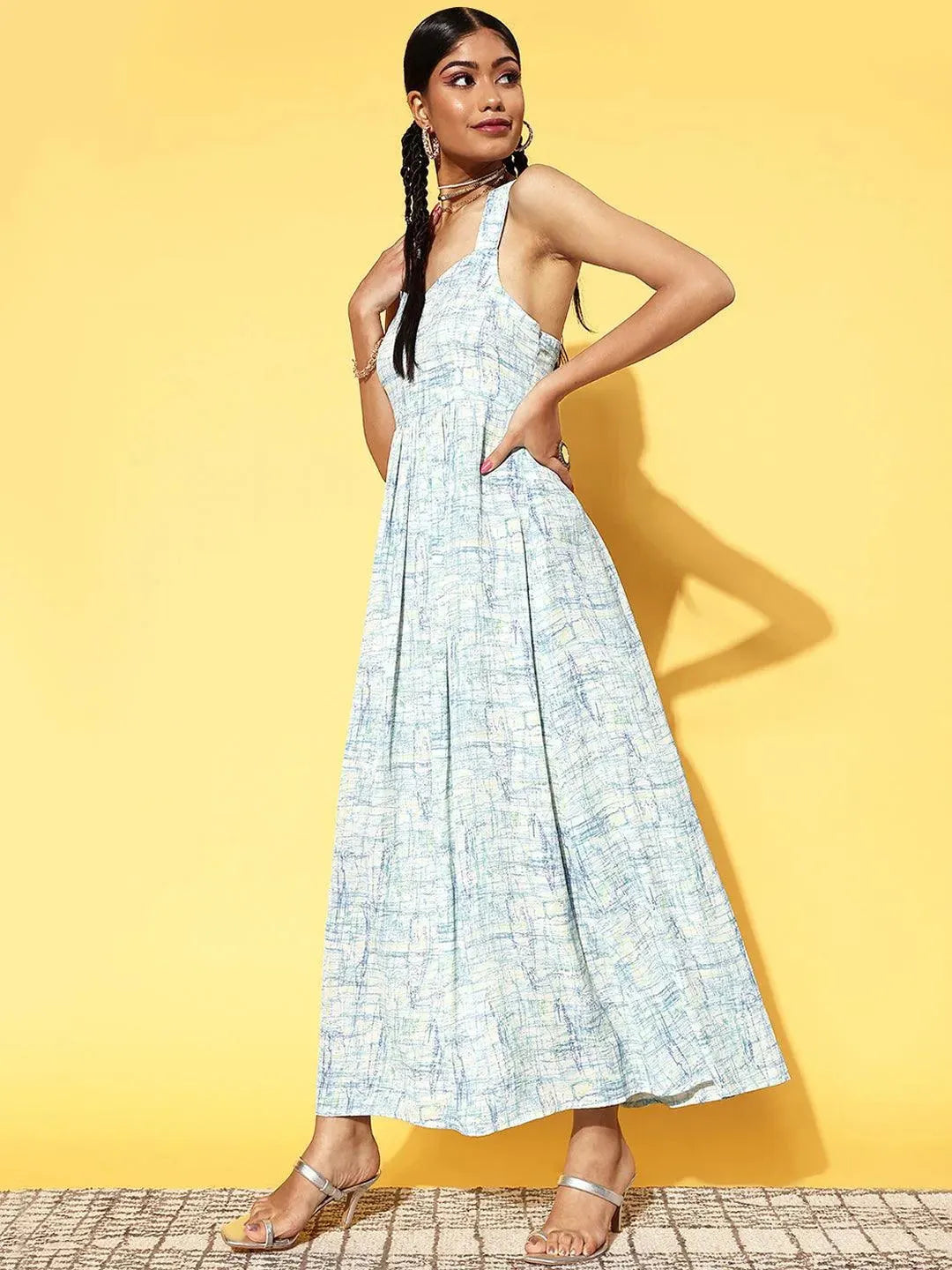 Off White Printed Georgette Fit and Flare Dress - Libas