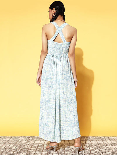 Off White Printed Georgette Fit and Flare Dress - Libas