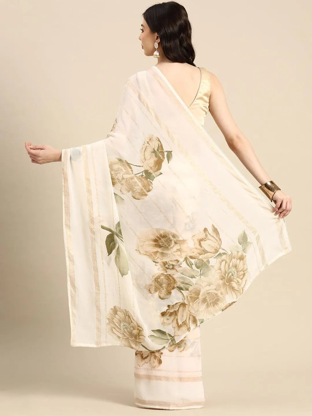 Off White Printed Georgette Saree - Libas 