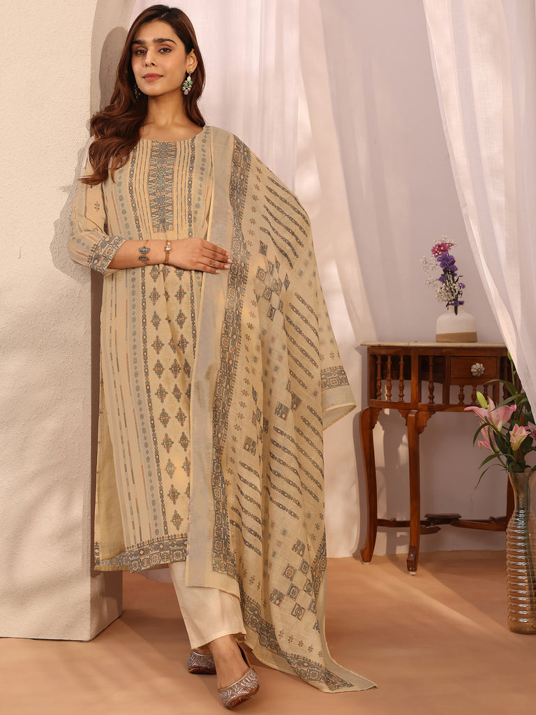 Libas Off White Printed Linen Straight Suit Set With Dupatta