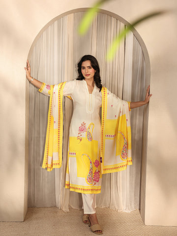 Libas Off White Printed Silk Blend Straight Suit Set With Dupatta