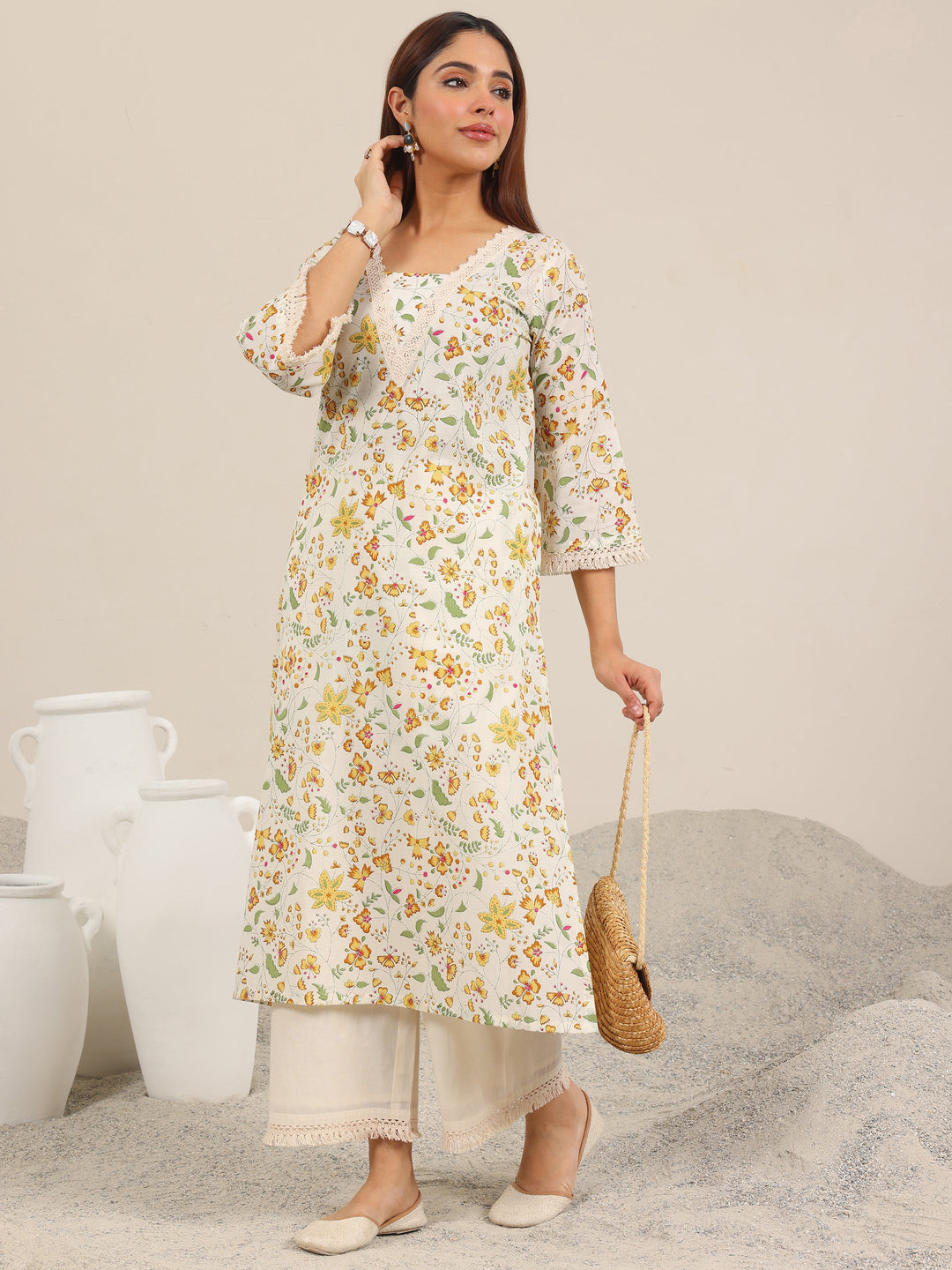  Off White Printed Pure Cotton Straight Kurta Set 
