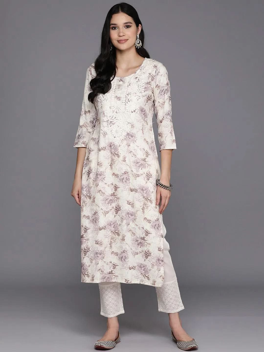 Off White Printed Rayon Straight Kurta - Libas 