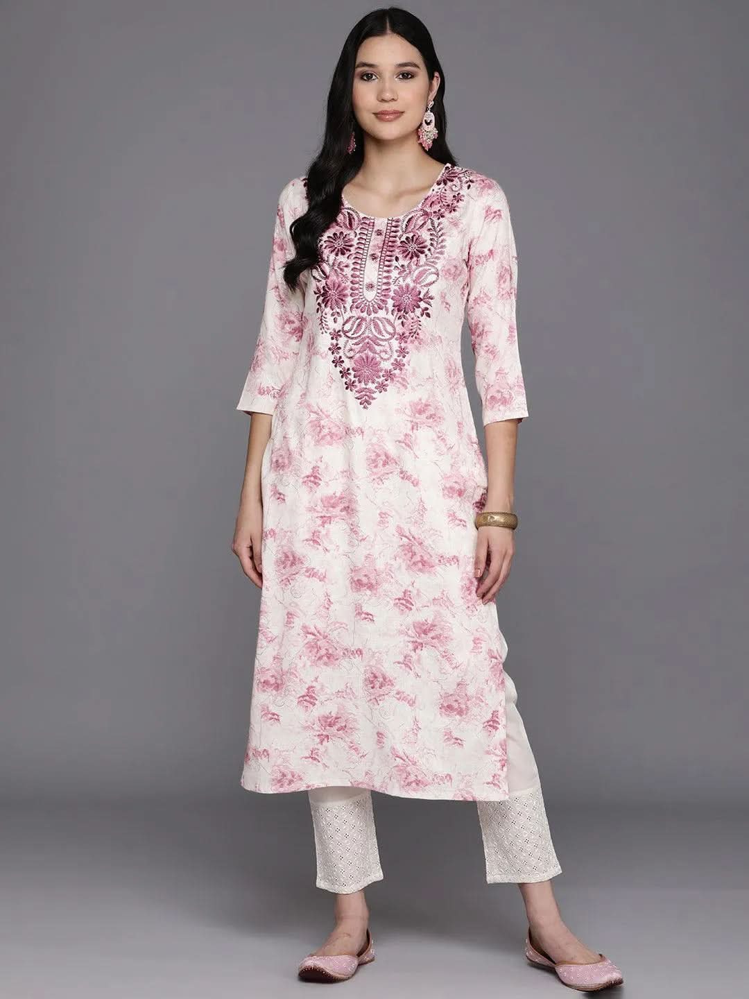 Off White Printed Rayon Straight Kurta - Libas 