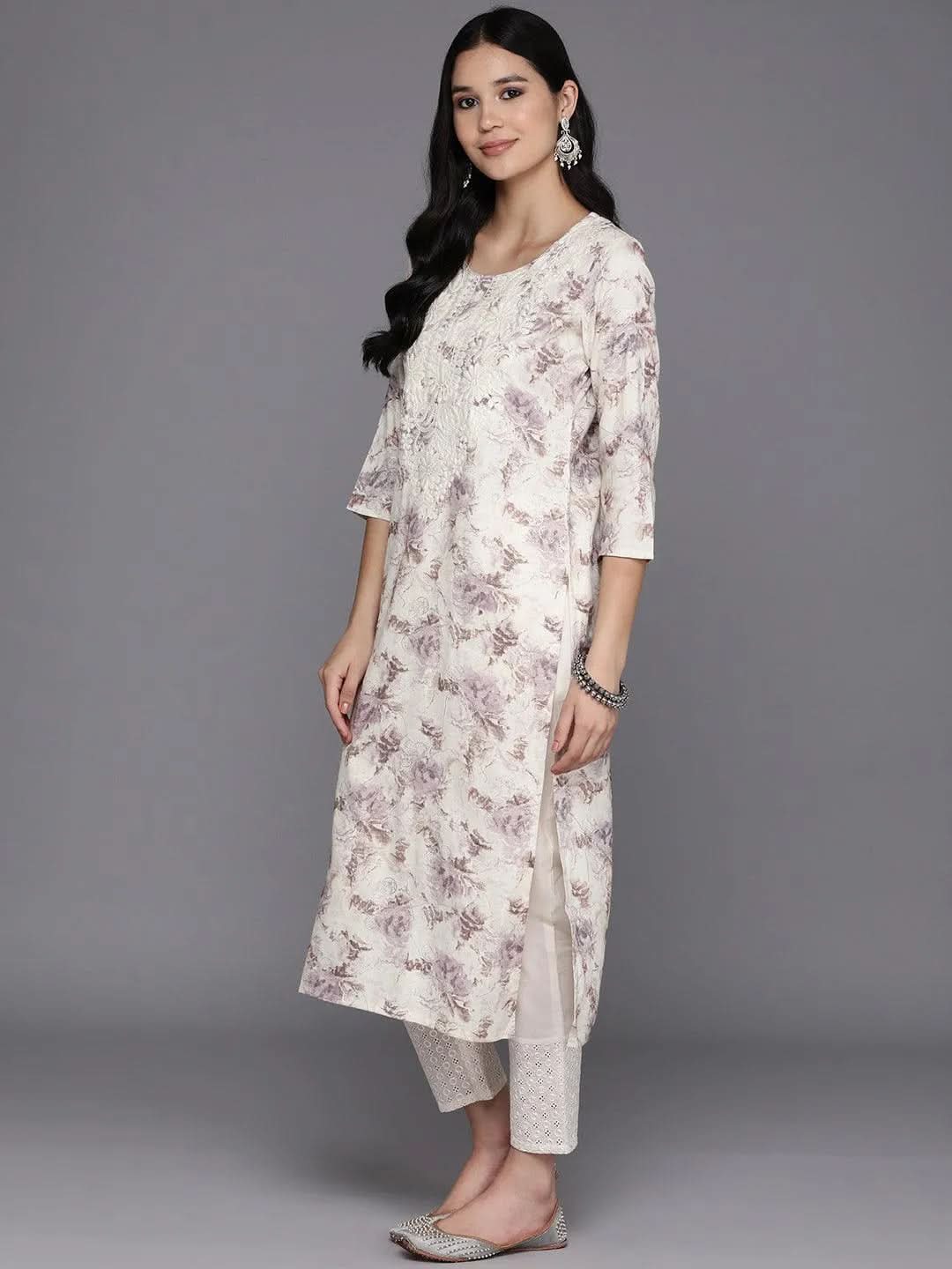 Off White Printed Rayon Straight Kurta - Libas 