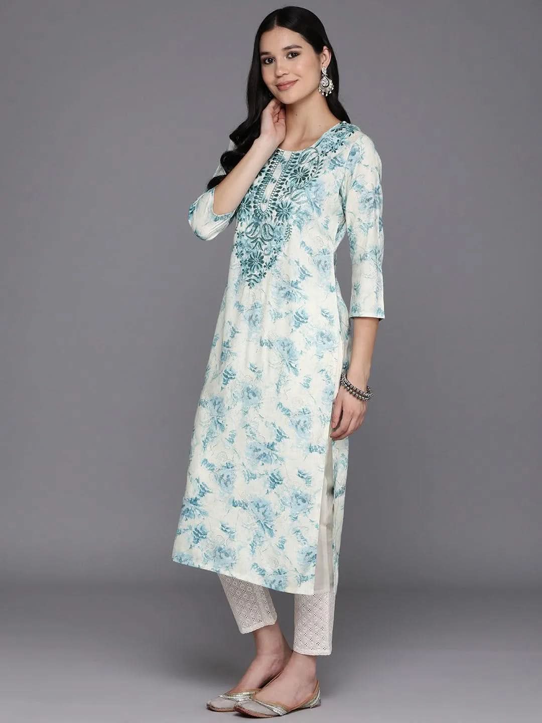 Off White Printed Rayon Straight Kurta - Libas 
