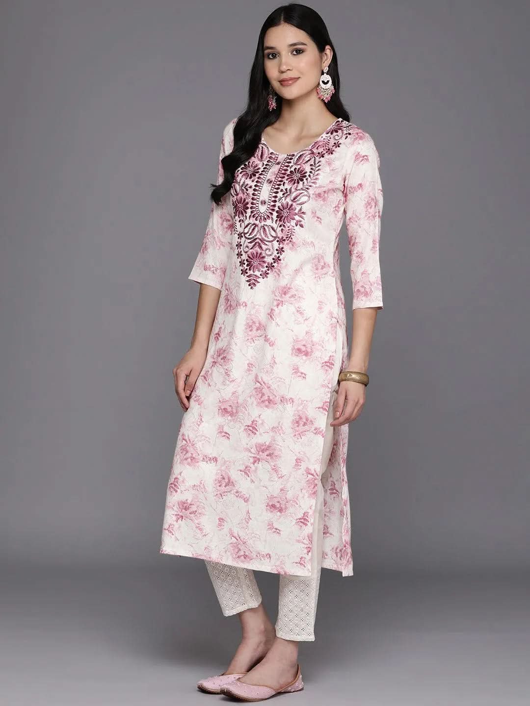 Off White Printed Rayon Straight Kurta - Libas 