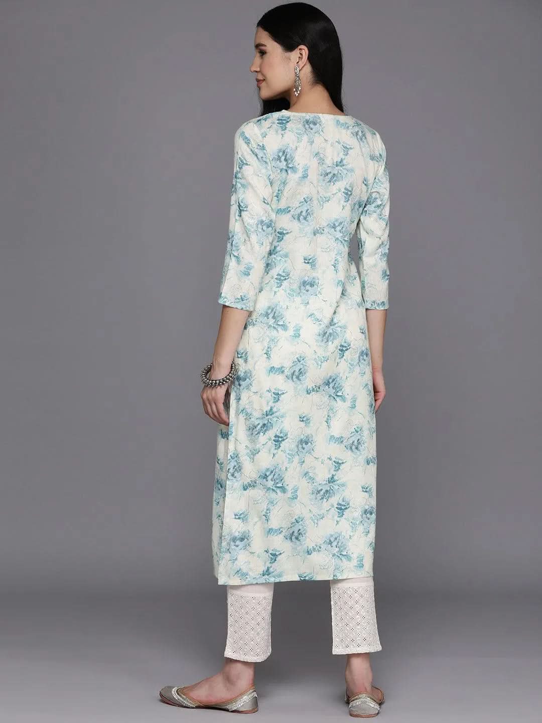 Off White Printed Rayon Straight Kurta - Libas 