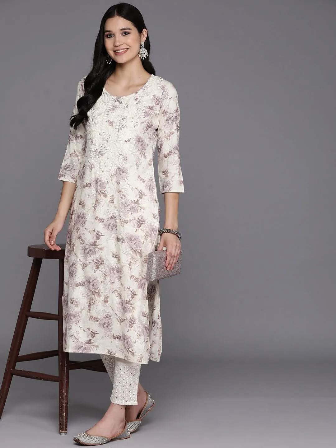 Off White Printed Rayon Straight Kurta - Libas 