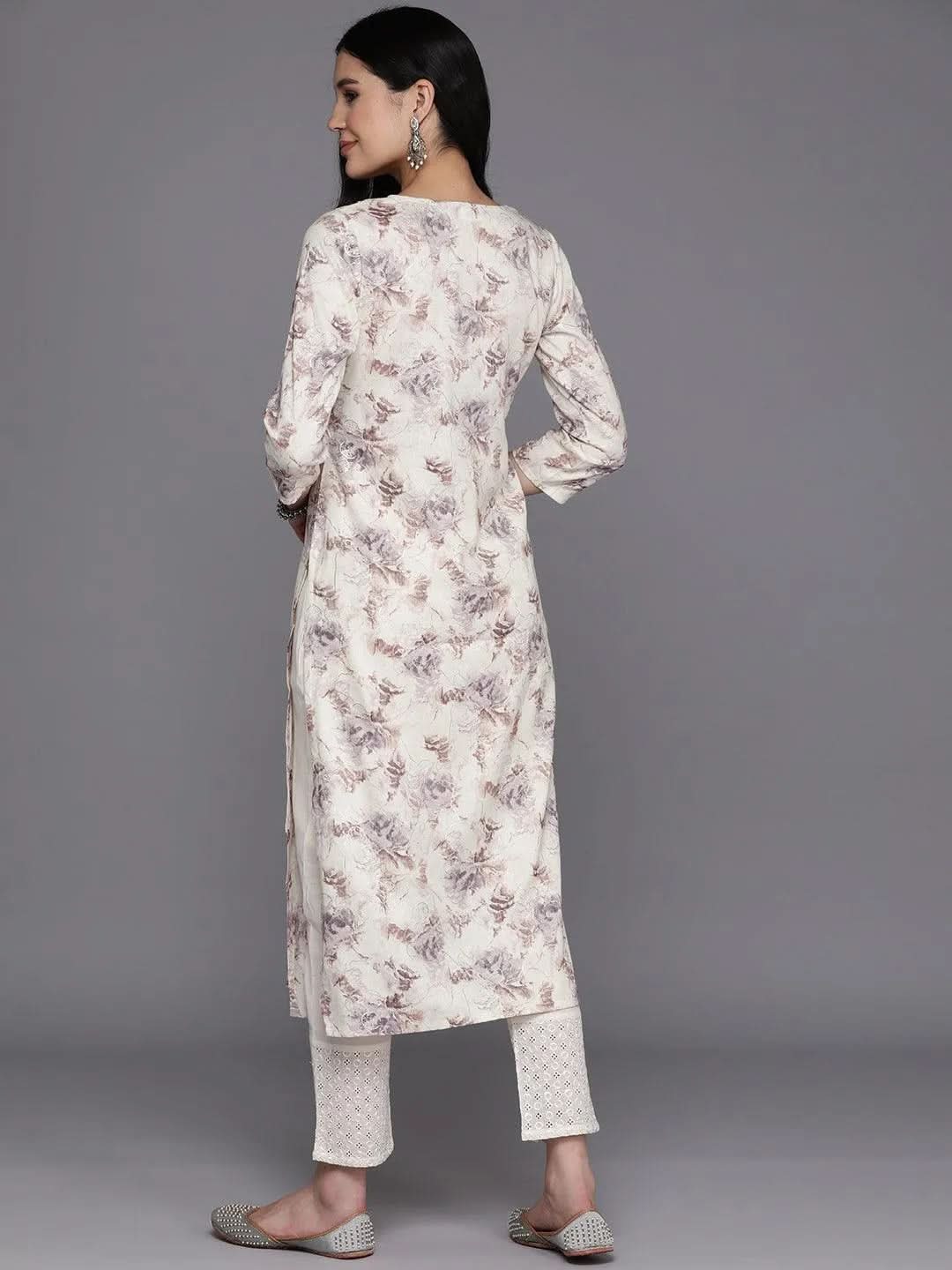 Off White Printed Rayon Straight Kurta - Libas 