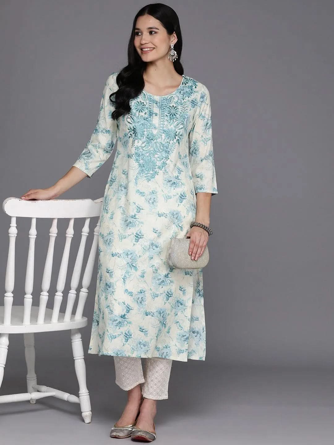 Off White Printed Rayon Straight Kurta - Libas 