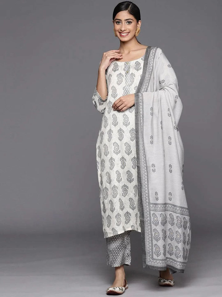 Off White Printed Rayon Straight Suit Set With Trousers - Libas