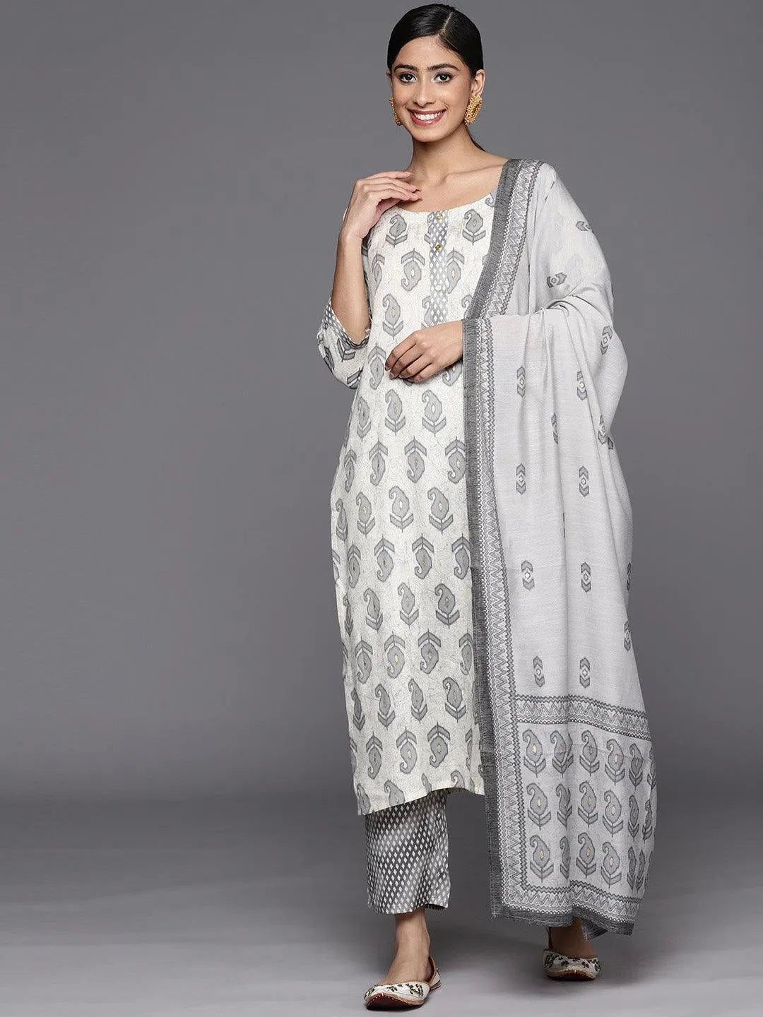 

Off-White Printed Rayon Straight Kurta With Trousers & Dupatta