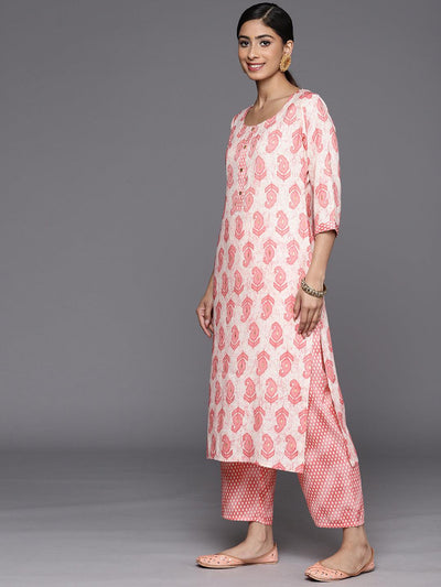 Off White Printed Rayon Straight Suit Set With Trousers - Libas