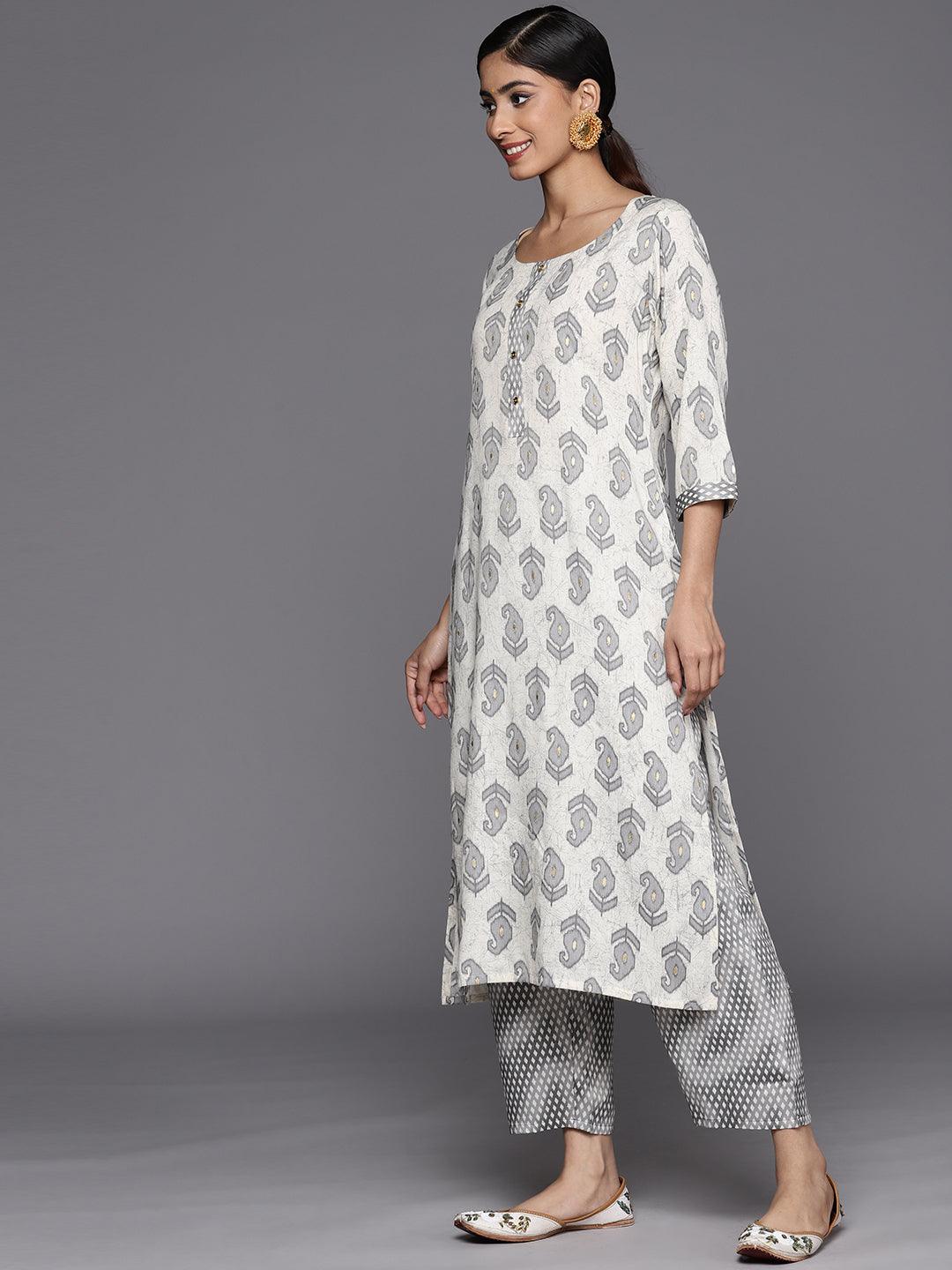 Off White Printed Rayon Straight Suit Set With Trousers - Libas