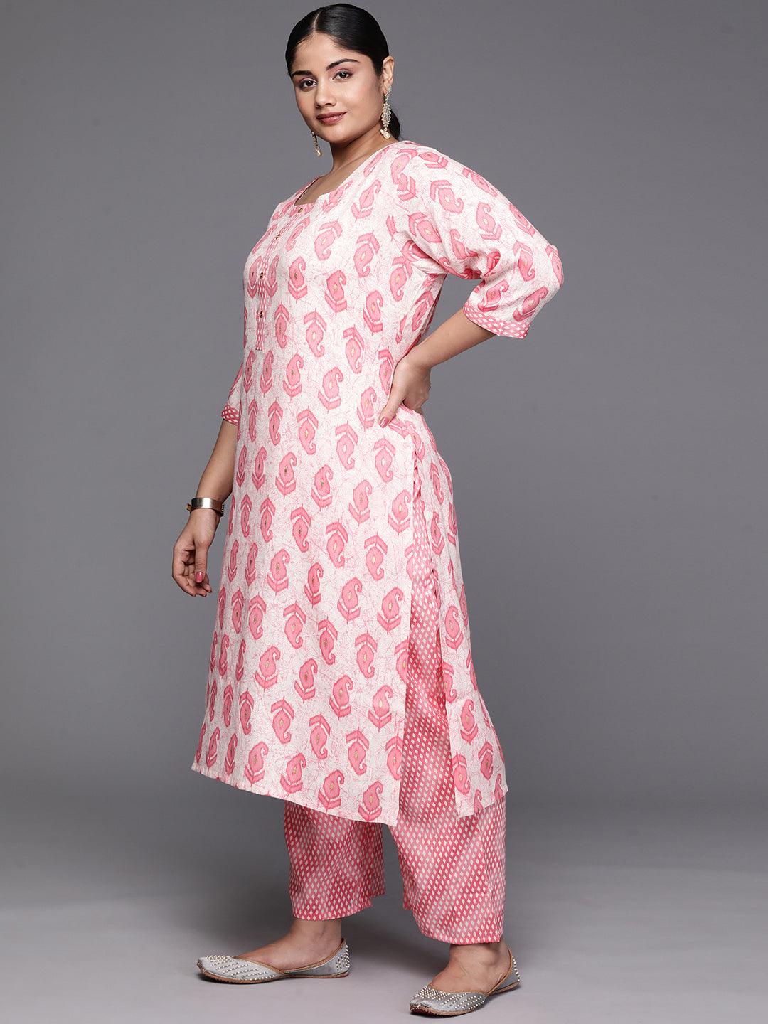 Off White Printed Rayon Straight Kurta With Trousers and Dupatta