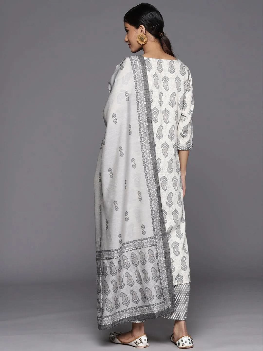 Off White Printed Rayon Straight Suit Set With Trousers - Libas 
