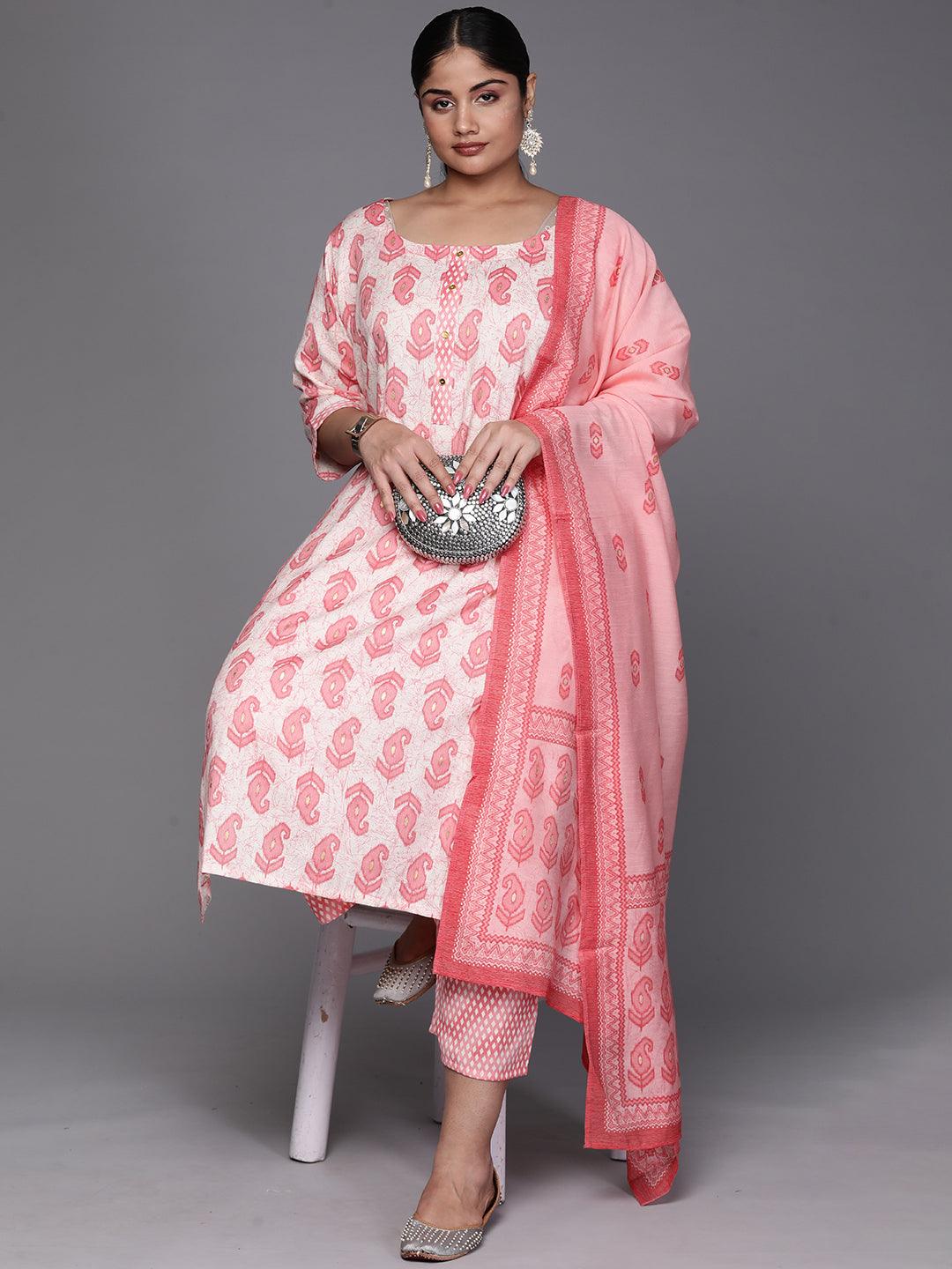 Off White Printed Rayon Straight Kurta With Trousers and Dupatta - Libas
