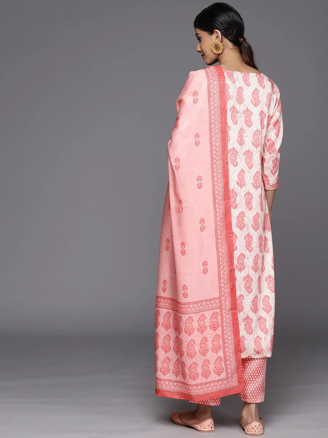 

Off-White Printed Rayon Straight Kurta With Trousers & Dupatta