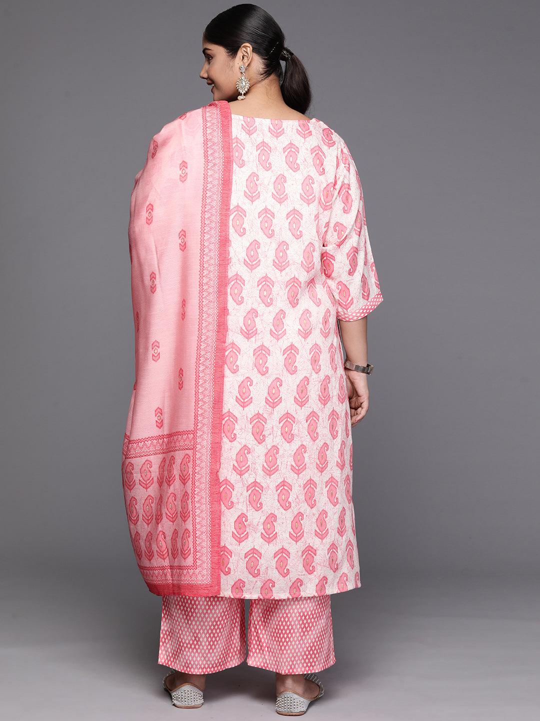 Off White Printed Rayon Straight Kurta With Trousers and Dupatta