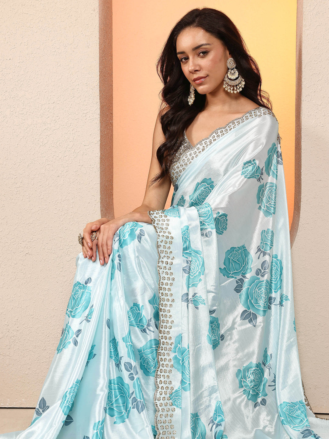  Off White Printed Silk Blend Saree With Unstitched Blouse Piece 