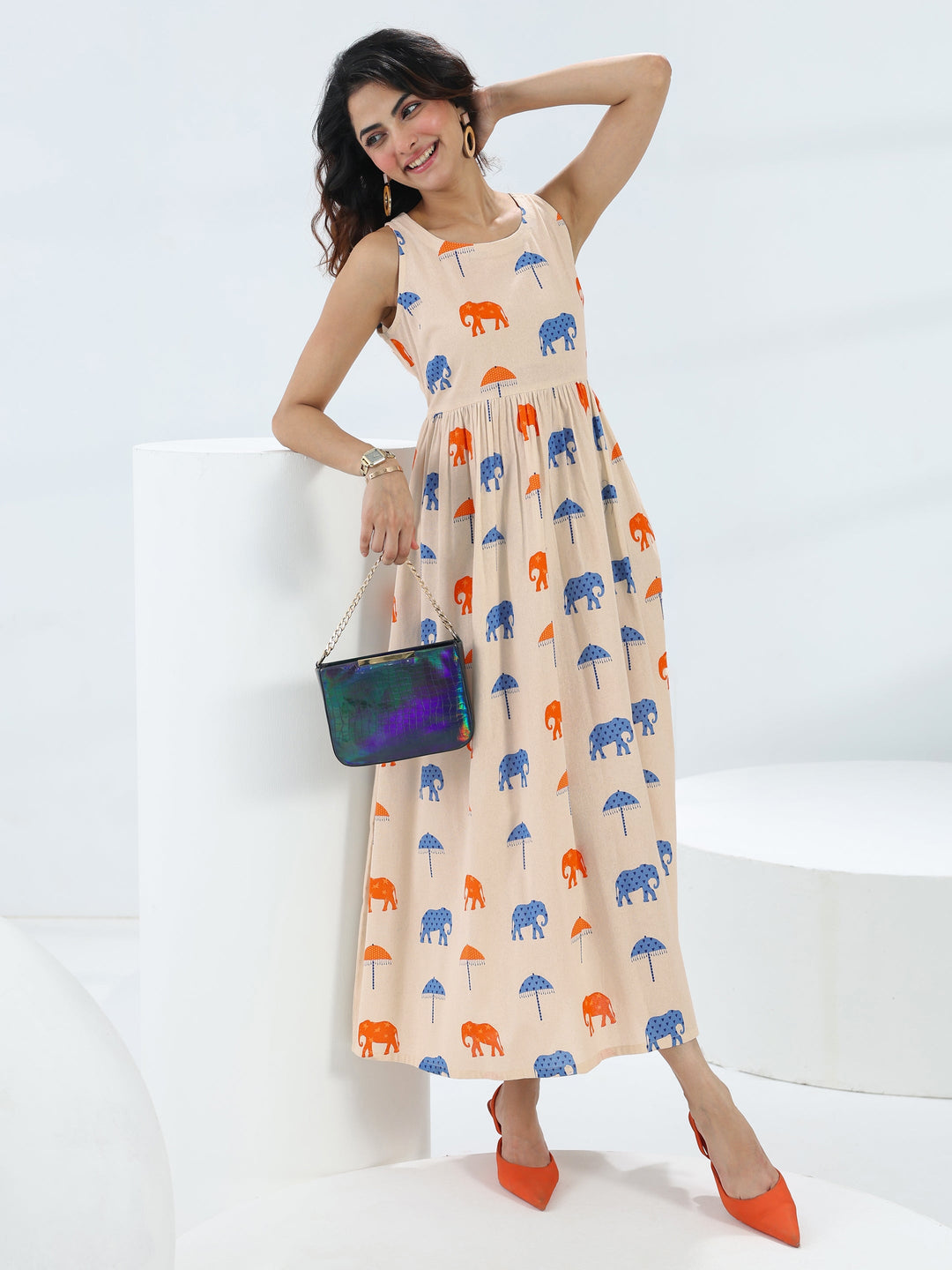  Off White Quirky Printed Cotton A-Line One-Piece Dress 
