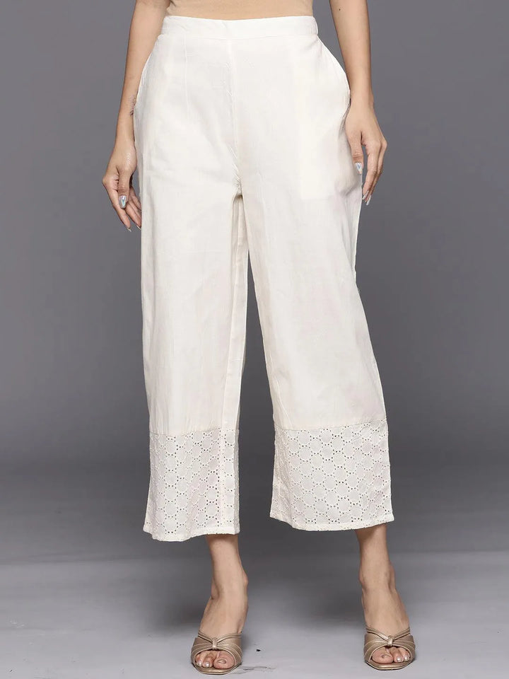 Off White Schiffli Cotton Palazzos - Libas