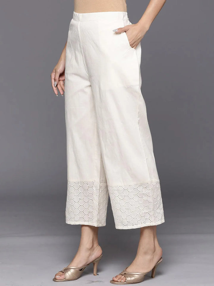 Off White Schiffli Cotton Palazzos - Libas