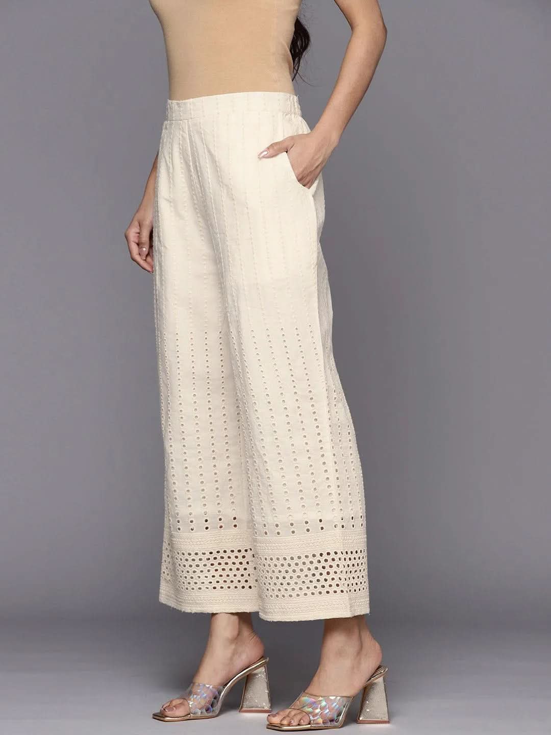 Off White Embroidered Cotton Palazzos - Libas 