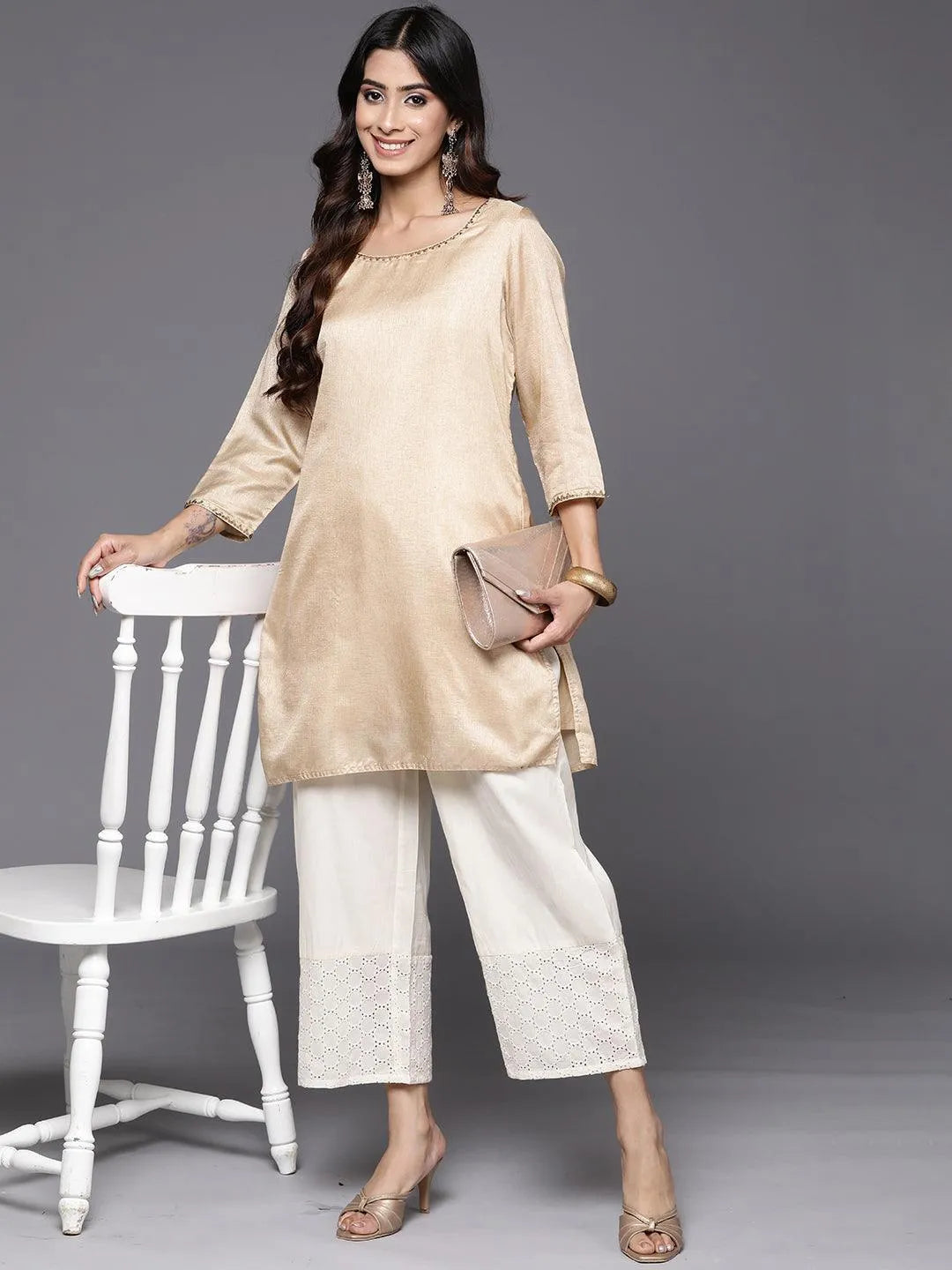Off White Schiffli Cotton Palazzos - Libas 