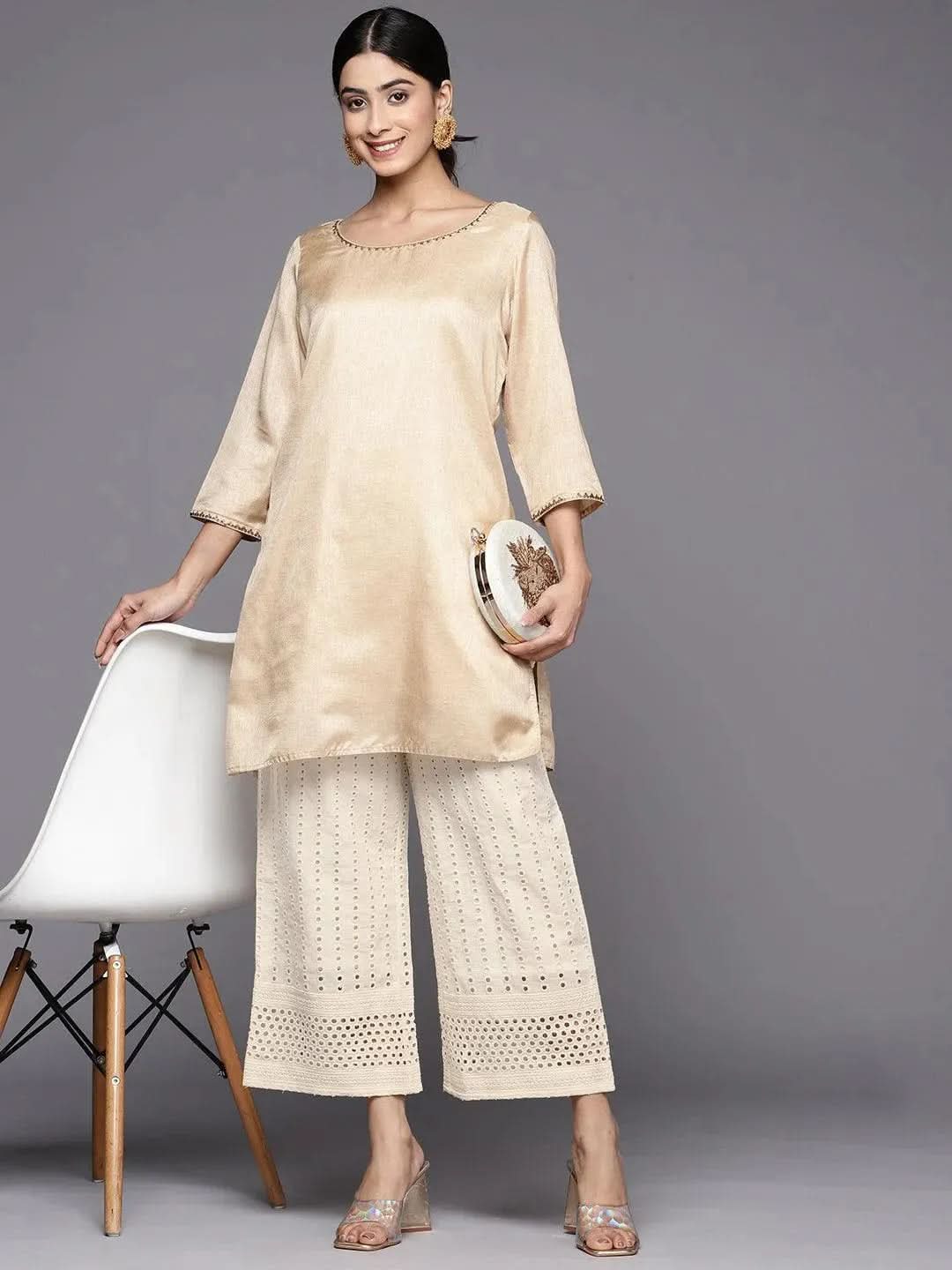 Off White Embroidered Cotton Palazzos - Libas 