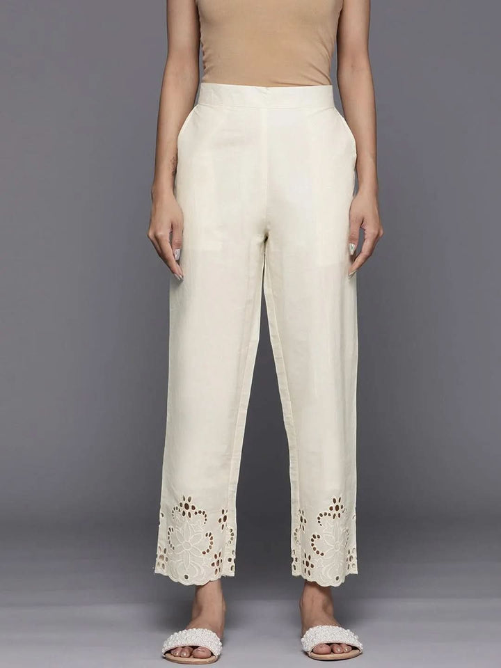 Off White Schiffli Cotton Trousers - Libas