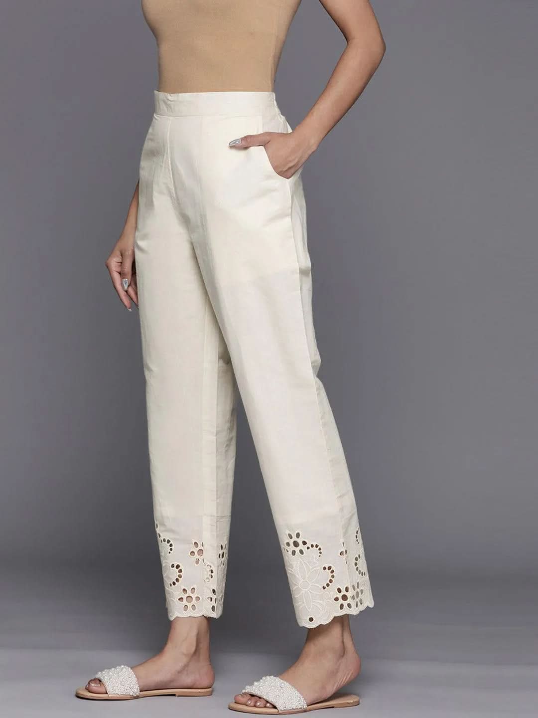 Off White Schiffli Cotton Trousers - Libas 
