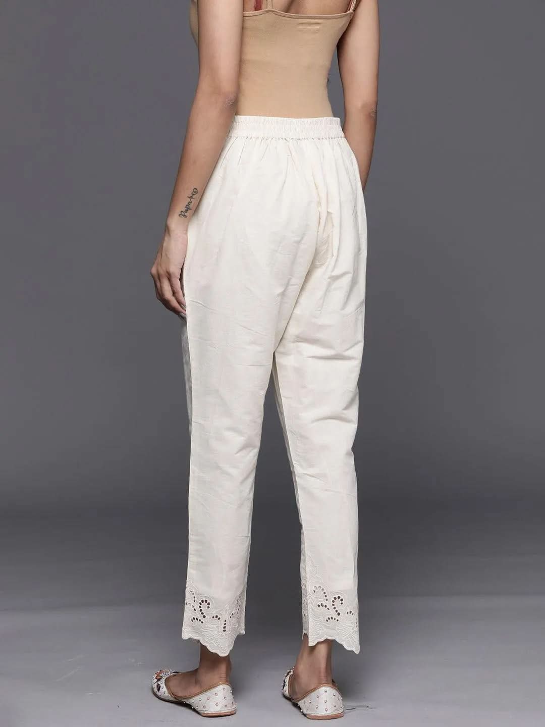 Off White Schiffli Cotton Trousers - Libas 