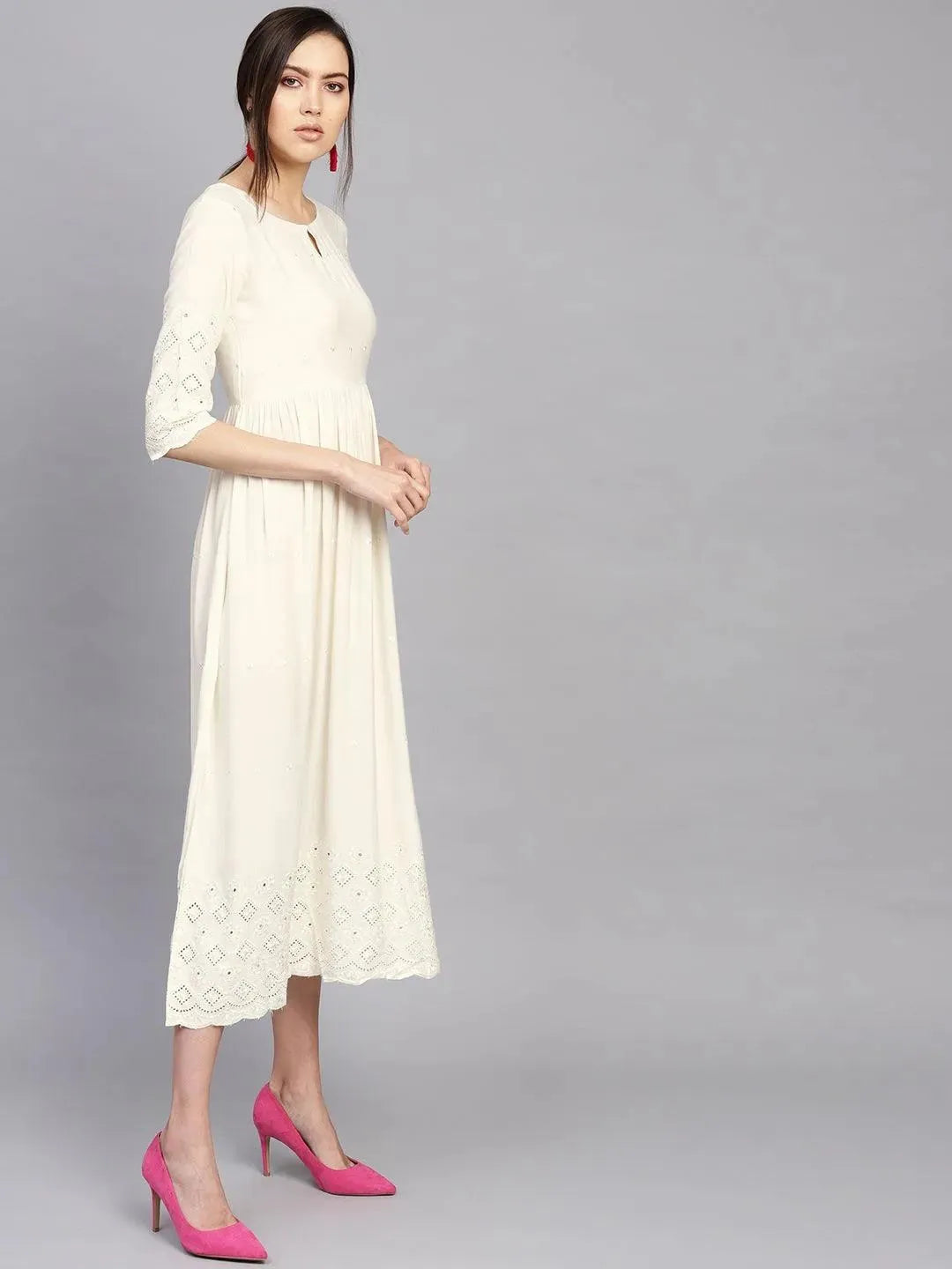 Off-White Schiffli Rayon Dress - Libas 