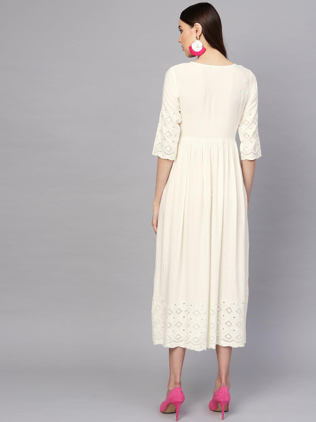 Off-White Schiffli Rayon Dress - Libas
