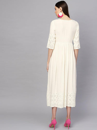 Off-White Schiffli Rayon Dress - Libas