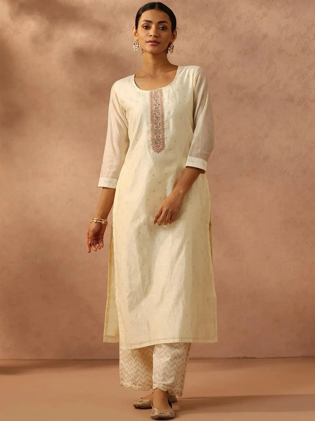 Off White Embroidered Chanderi Silk Straight Kurta - Libas